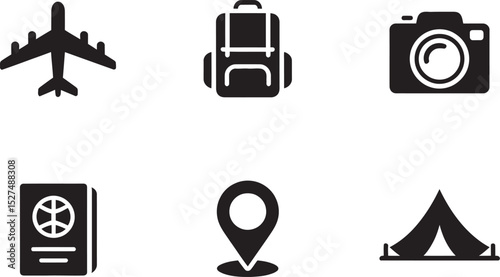 Travel Icons: Simple, bold travel icons representing essential elements like an airplane, camera, and backpack, ready to enhance your designs or convey the excitement of travel!