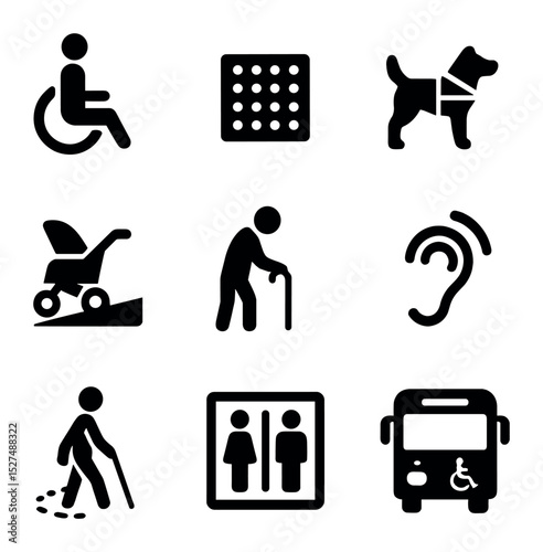 Inclusive Mobility Icons. Solid, filled icons set of inclusive urban mobility: wheelchair user icon, tactile