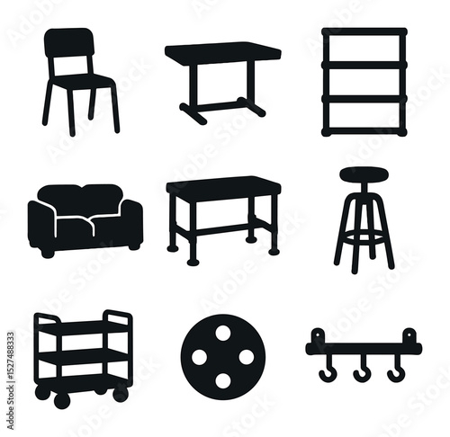 Industrial Furniture Icons. Solid, filled icons set of industrial furniture elements: metal-framed chair,