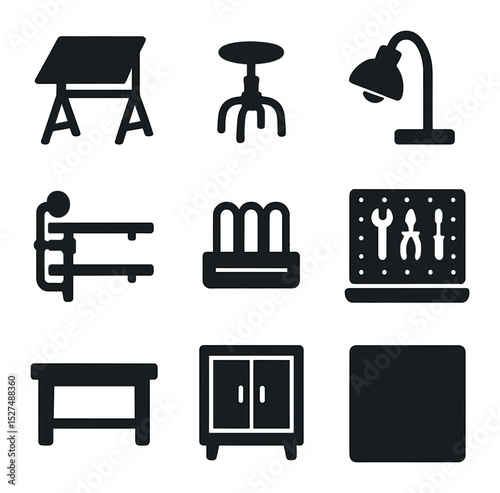 Industrial Workspace Icons. Solid, filled icons set of industrial workspace design: drafting table, adjustable