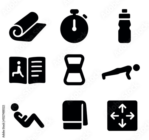 Home Workout Icons. Solid, filled icons set of home workout routine: yoga mat, timer, water bottle, exercise