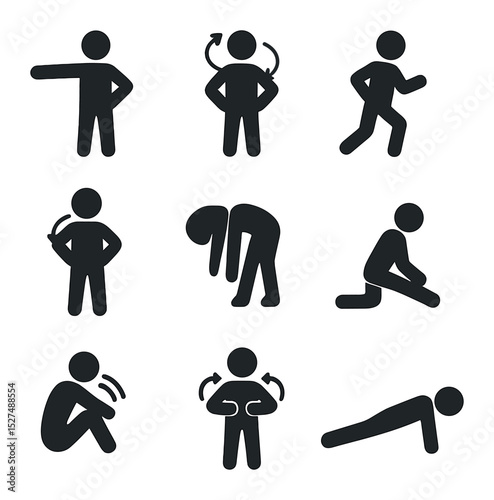 Warm-Up Moves Icons. Solid, filled icons set of warm-up and cool-down moves: arm swing, neck roll, light jog,