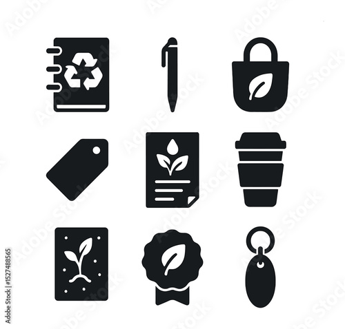 Eco-Friendly Products Grid. Solid, filled icons set of eco-friendly promotional prints: recycled paper