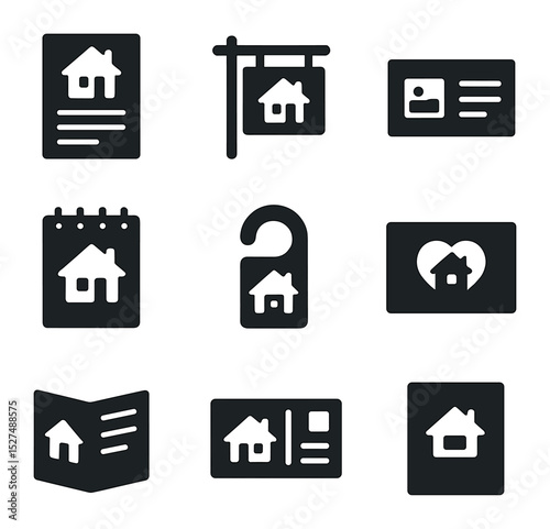 Real Estate Icon Set. Solid, filled icons set of real estate promo prints: property flyer, open house sign,