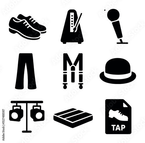 Tap Dance Icons. Solid, filled icons set of tap dance accessories: tap shoes, metronome, floor microphone,