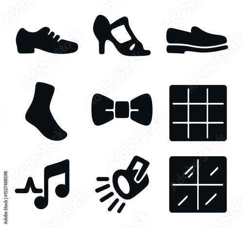 Ballroom Dance Icons. Solid, filled icons set of ballroom dance essentials: tango shoes, salsa heels, foxtrot