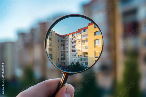 Searching new house for purchase. Rental housing market. Magnifying glass near residential building. 