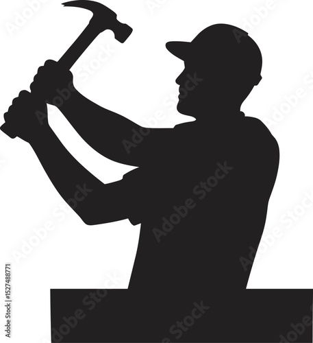 Construction Silhouette: A skilled construction worker, silhouetted against a stark backdrop, expertly wields a hammer, embodying the dedication and precision of the trade.