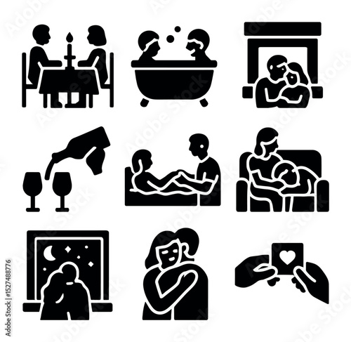 Romantic Evening Icons. Solid, filled icons set of romantic evening routines: candlelit dinner, shared bath,