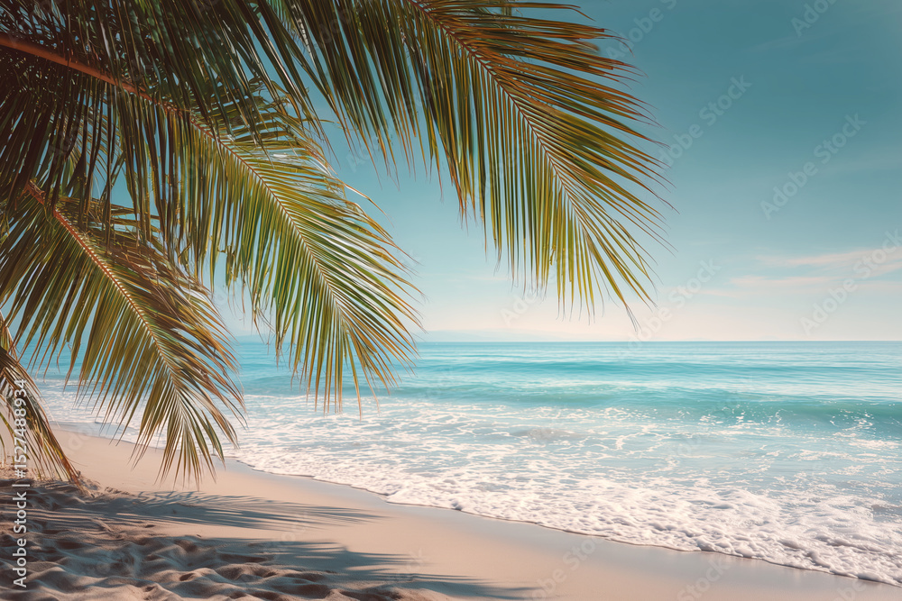 Fototapeta premium A palm tree is standing tall on a sandy beach, with the ocean in the background. The tree's leaves are spread out, providing a sense of tranquility and relaxation