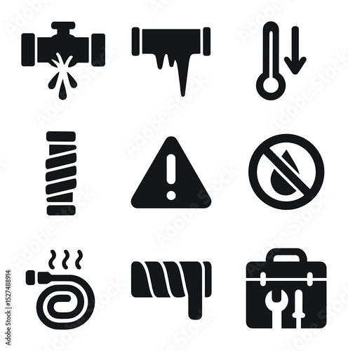 Frozen Pipe Icons. Solid, filled icons set of frozen pipe issues: burst pipe, icicle buildup, temperature drop