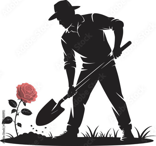 Silhouette of the Gardener: A silhouette of a gardener diligently tending to a rose, embodies the essence of nurturing growth, patience and the beauty of nature.