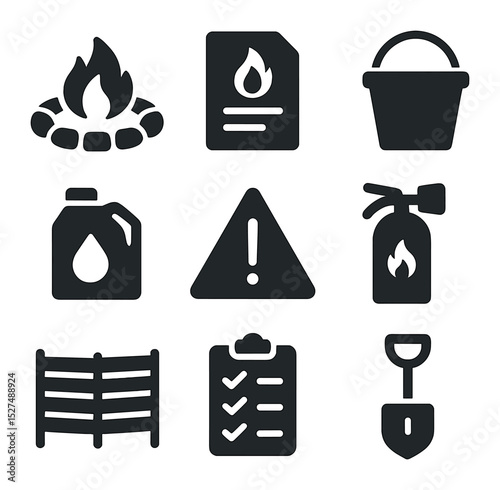Beach Bonfire Icons. Solid, filled icons set of beach bonfire safety and setup: flame ring, fire permit icon,