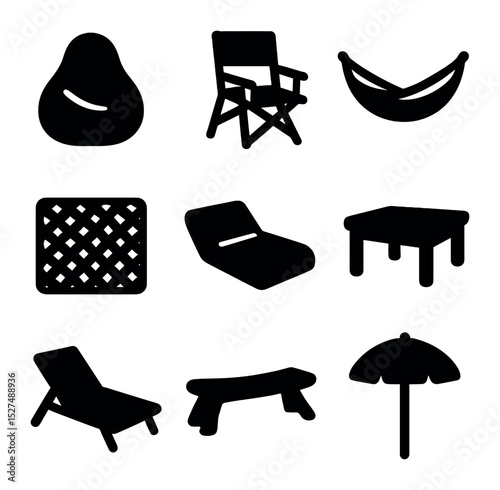 Cozy Beach Icons. Solid, filled icons set of cozy beach seating arrangements: bean bag, camp chair, hammock,