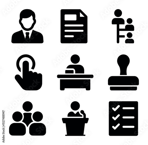 Workplace Icons Grid. Solid, filled icons set of workplace authority structures: office manager, directive
