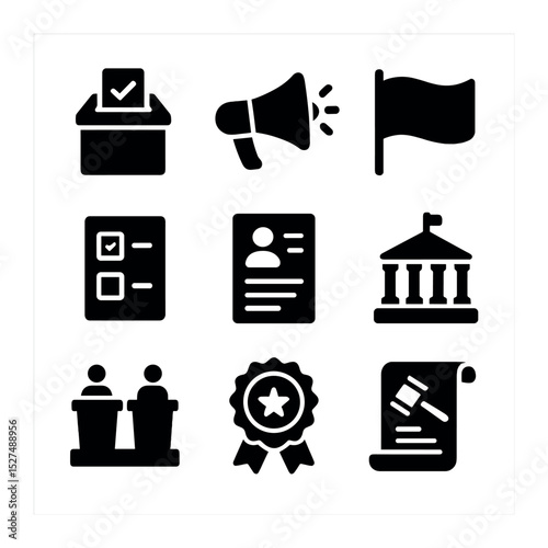 Political Power Icons. Solid, filled icons set of political power structures: ballot box, megaphone, national