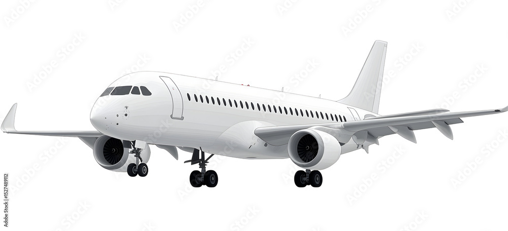 Obraz premium Sleek white passenger plane isolated against stark black background, aviation and travel