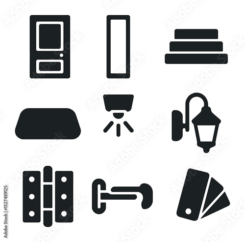 Home Entry Icons. Solid, filled icons set of home entry remodeling: front door frame, sidelight window, entry