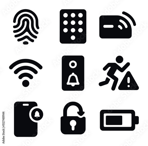 Smart Door Features. Solid, filled icons set of smart front door features: fingerprint scanner, keyless keypad