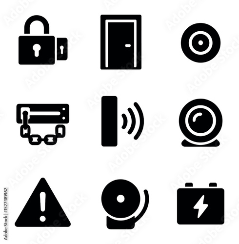 Secure Door Icons. Solid, filled icons set of secure front door system: reinforced lock, steel door frame,