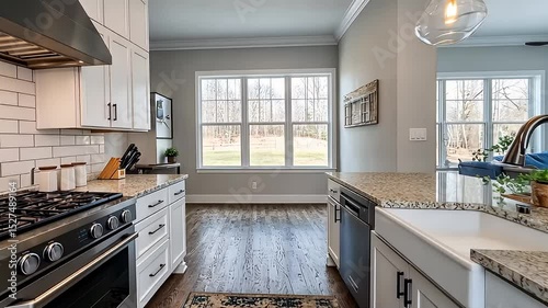 Bright Modern Kitchen Interior Featuring White Cabinets Granite Countertops Stainless Steel Appliances and Window View