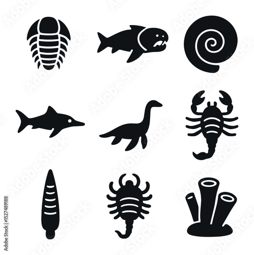 Prehistoric Marine Icons. Solid, filled icons set of prehistoric marine life: trilobite, dunkleosteus,