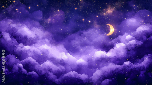 A night sky filled with purple clouds and a crescent moon. Stars twinkle in the background, creating a serene and mystical atmosphere.