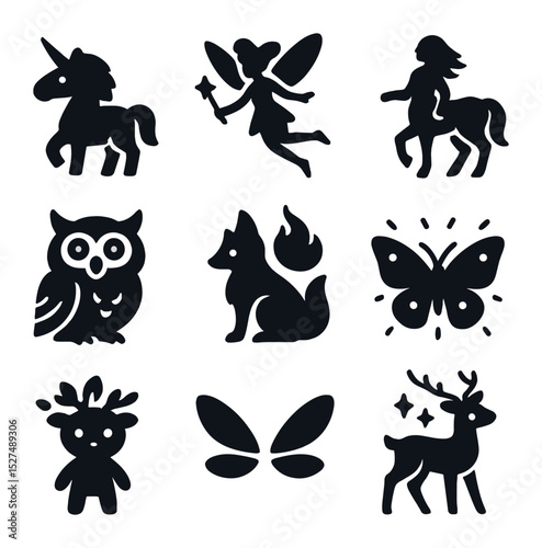 Enchanted Creatures Icons. Solid, filled icons set of enchanted creatures: unicorn, fairy, centaur, talking