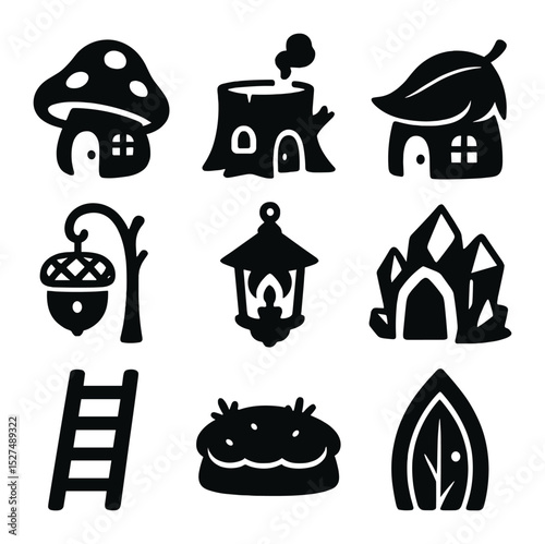 Fairy Dwellings Icons. Solid, filled icons set of fairy dwellings: mushroom house, tree stump hut, leaf-roof