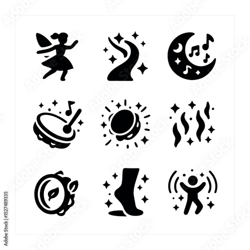 Magical Dance Icons Set. Solid, filled icons set of magical dances: spinning fairy, glowing trail, moon drum,