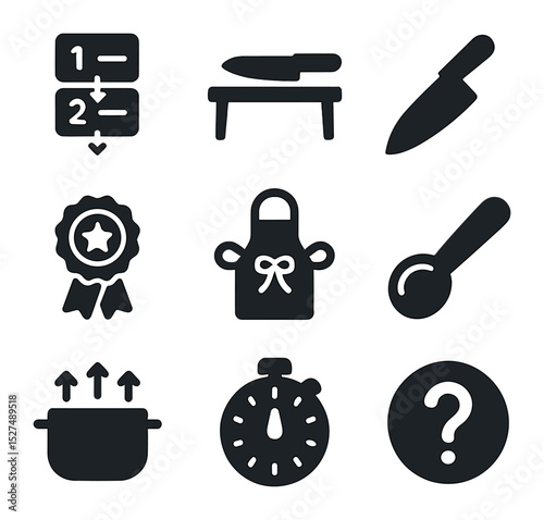 Culinary Training Icons. Solid, filled icons set of beginner culinary training: step-by-step icon, prep table,