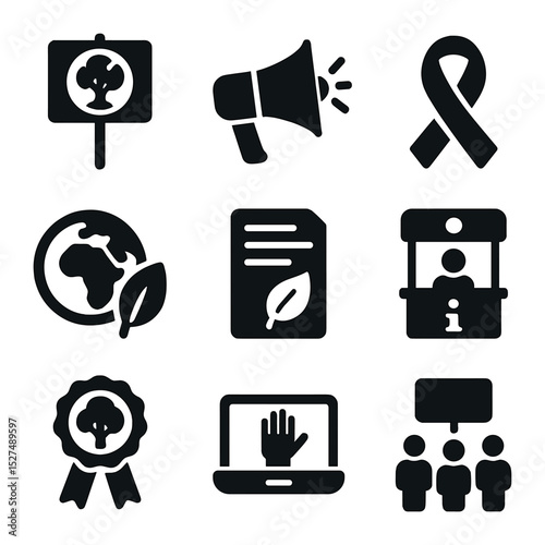 Habitat Loss Advocacy Icons. Solid, filled icons set of habitat loss awareness and advocacy: protest sign,