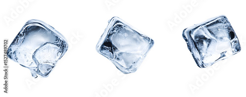 Three clear ice cubes on a black background displaying transparency and coolness
