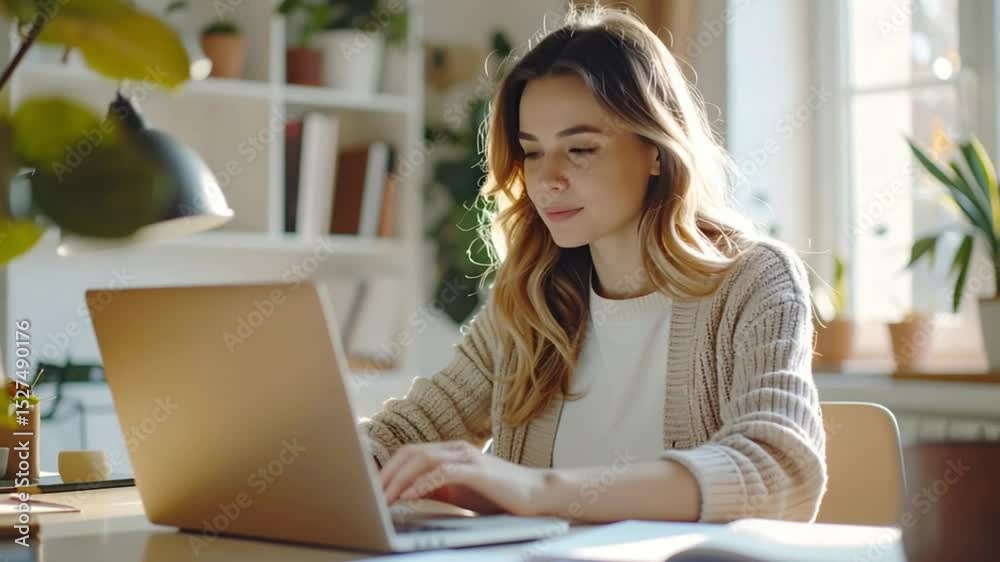 Woman Entrepreneur on Video Call in Stylish Home Office with Soft Morning Light

