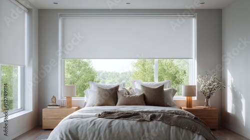 front facing of a photorealistic American bedroom with a large window fully covered by smooth white blackout roller blinds, total darkness, soft white bedding with taupe and clay brown throw pillows, 
