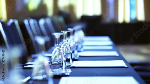 Conference Room Setup ready with water glasses and papers with now people