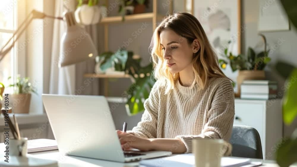 Woman Entrepreneur on Video Call in Stylish Home Office with Soft Morning Light


