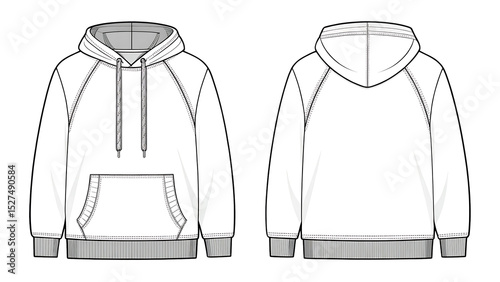 Mens casual hooded sweatshirt fashion flat sketch,  hoodie mockup