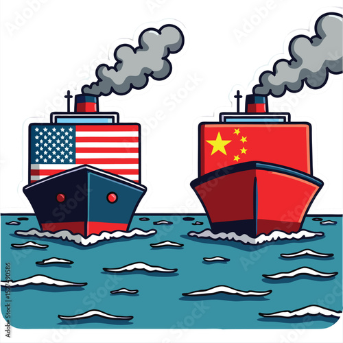 Two Cargo Ships with USA and China Flags in Maritime Trade
