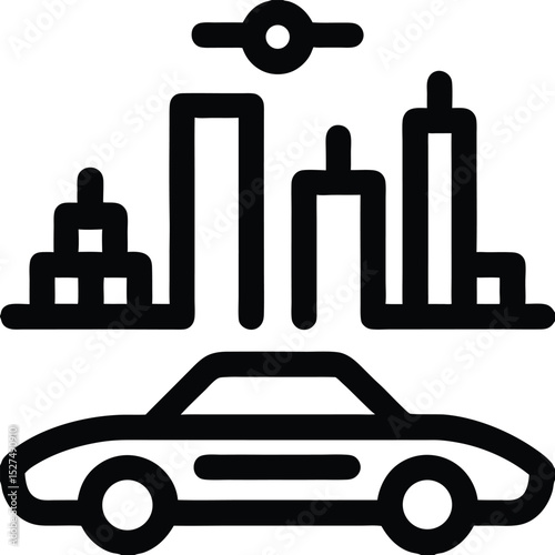Smart Cityscape with Buildings and Autonomous Car Icon