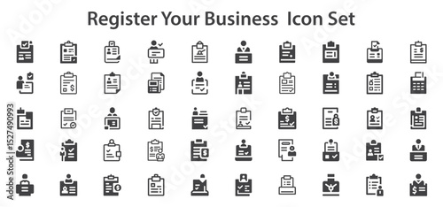 Register your business Icon Set. Cash register icons vectors illustrations. service mark, business idea, patent symbols and more. Business concept icon collection. Vector illustration