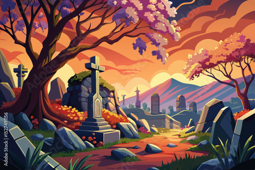 Vector illustration of a peaceful cemetery surrounded by blooming cherry trees ideal for memorial art, spring scenes, and tranquil reflective concepts