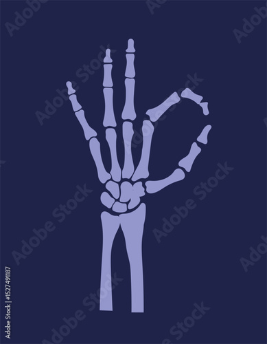 Okay gesture shown by hand skeleton of human, on dart background, isolated