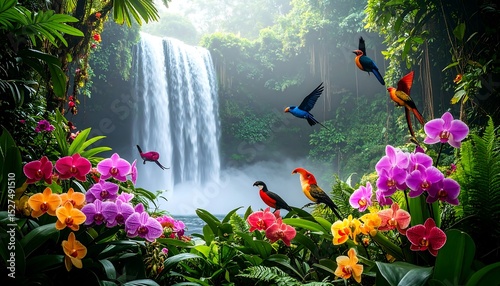 Colorful Birds and Orchids at a Tropical Waterfall