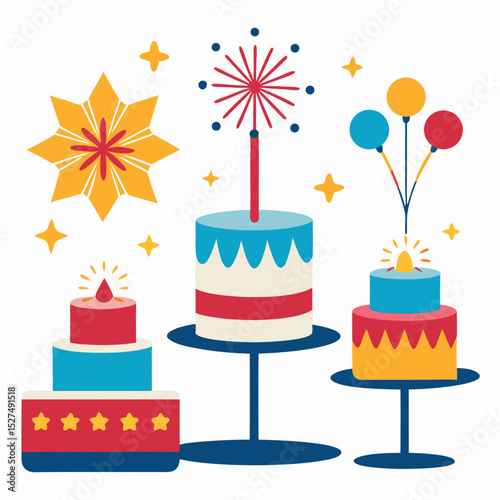 Festive birthday cakes with fireworks and balloons