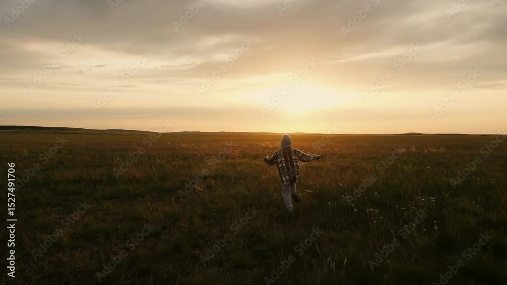 Silhouette of little boy running across field at sunset with her hands up and enjoying warm summer evening. Happy family on summer vacation. Silhouette of little boy running across field at sunset with her hands up and enjoying warm summer evening. Happy family on summer vacation.