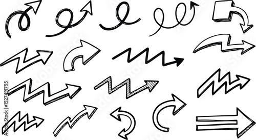 Set of hand drawn arrows in various shapes and directions perfect for design and navigation elements.