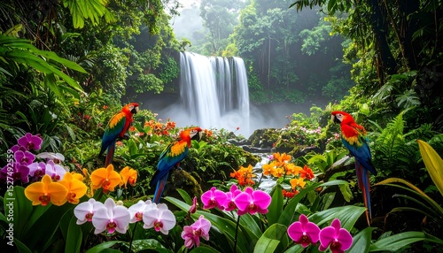 Macaws and Orchids by a Tropical Waterfall