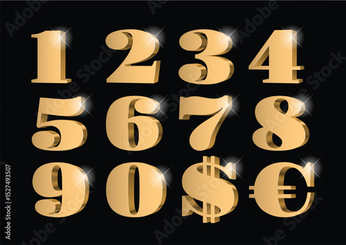 Gold 3d numbers. Symbol set. Vector illustration
