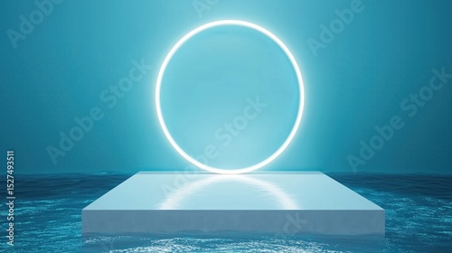  Minimalist White Empty Podium Platform for Product Presentation, Underwater Blue Background with Glowing White Circular Ring Frame Enhancing Visual Focus